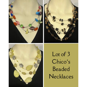 Lot of 3 Chico's Multi-Strand Wire Necklaces 18" Colorful Glass & Wood Beads